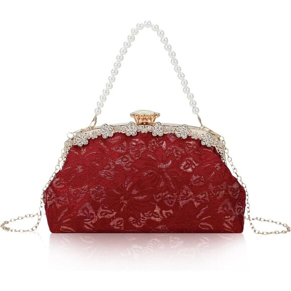 ⚡ Women's Red Fabric Lace Pearl Chain Rhinestones Shoulder Clutch Bag - Picture 1 of 9